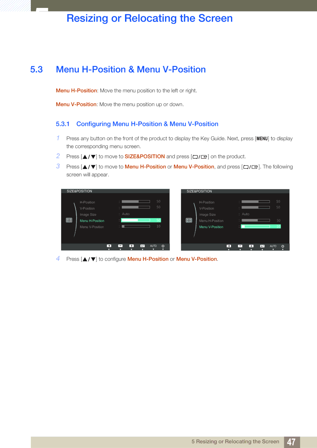 Samsung LS24B150BL/CI, LS24B150BL/EN, LS19B150BSMXV manual Configuring Menu H-Position & Menu V-Position 