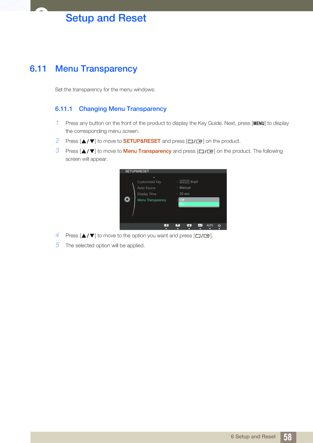 Samsung LS19B150BSMXV, LS24B150BL/EN, LS24B150BL/CI manual Changing Menu Transparency 