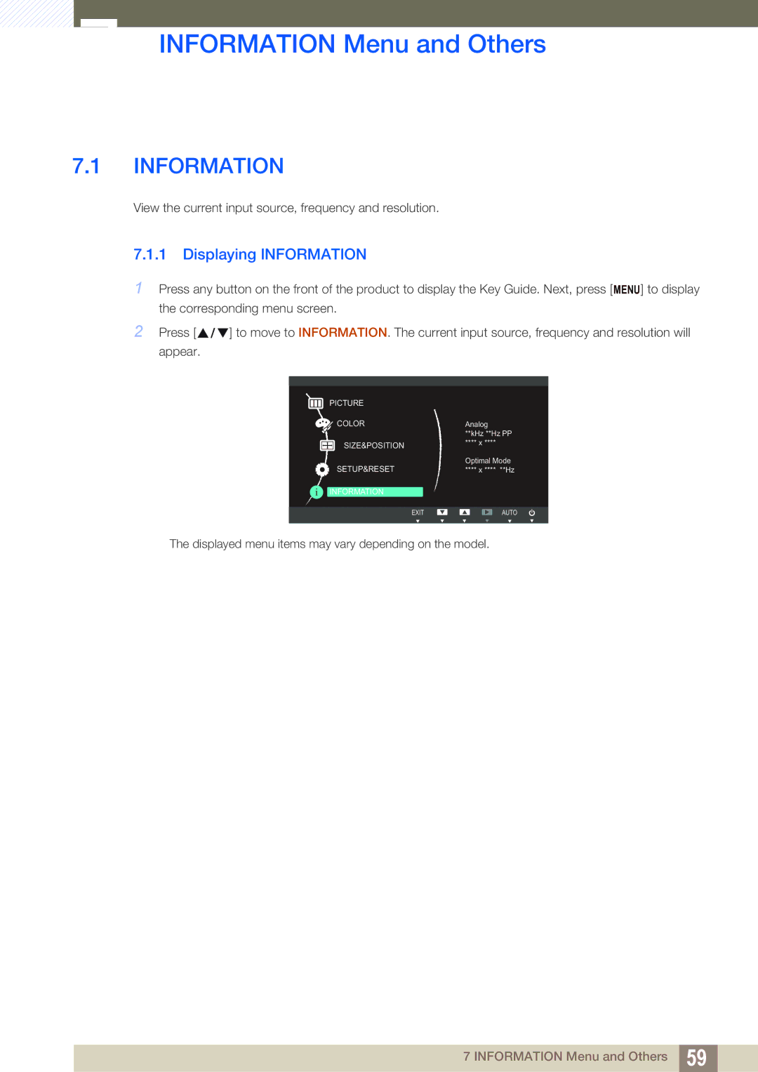 Samsung LS24B150BL/CI, LS24B150BL/EN, LS19B150BSMXV manual Information Menu and Others, Displaying Information 