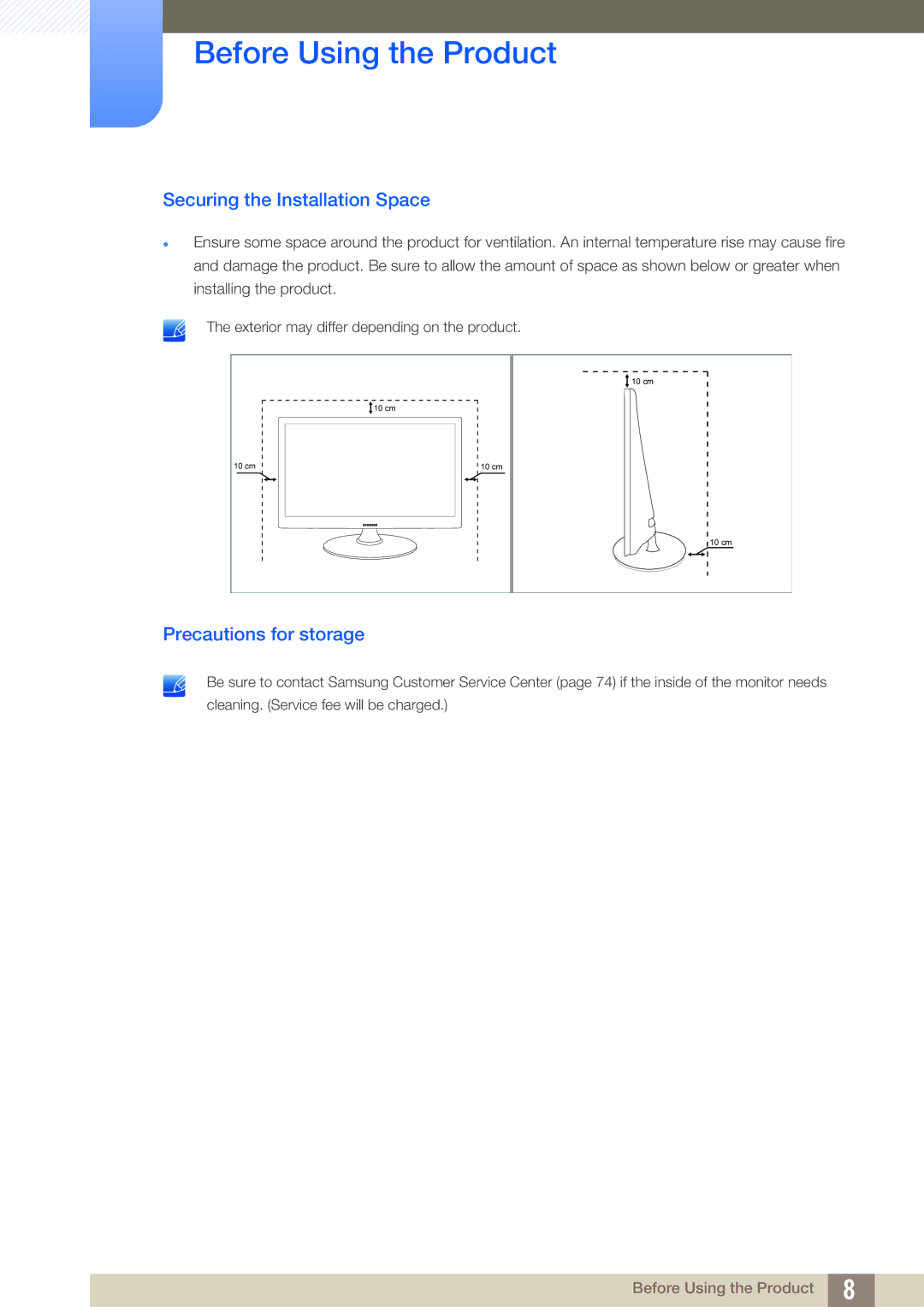 Samsung LS24B150BL/CI, LS24B150BL/EN, LS19B150BSMXV manual Securing the Installation Space, Precautions for storage 