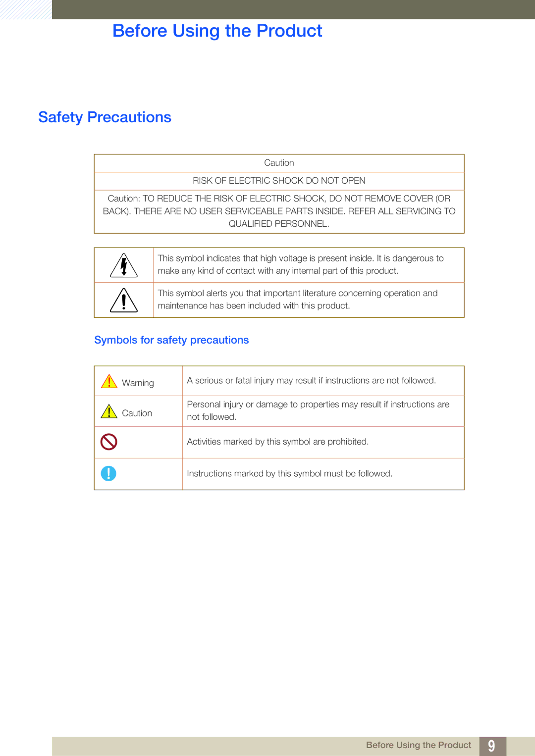 Samsung LS24B150BL/EN, LS19B150BSMXV, LS24B150BL/CI manual Safety Precautions, Symbols for safety precautions 