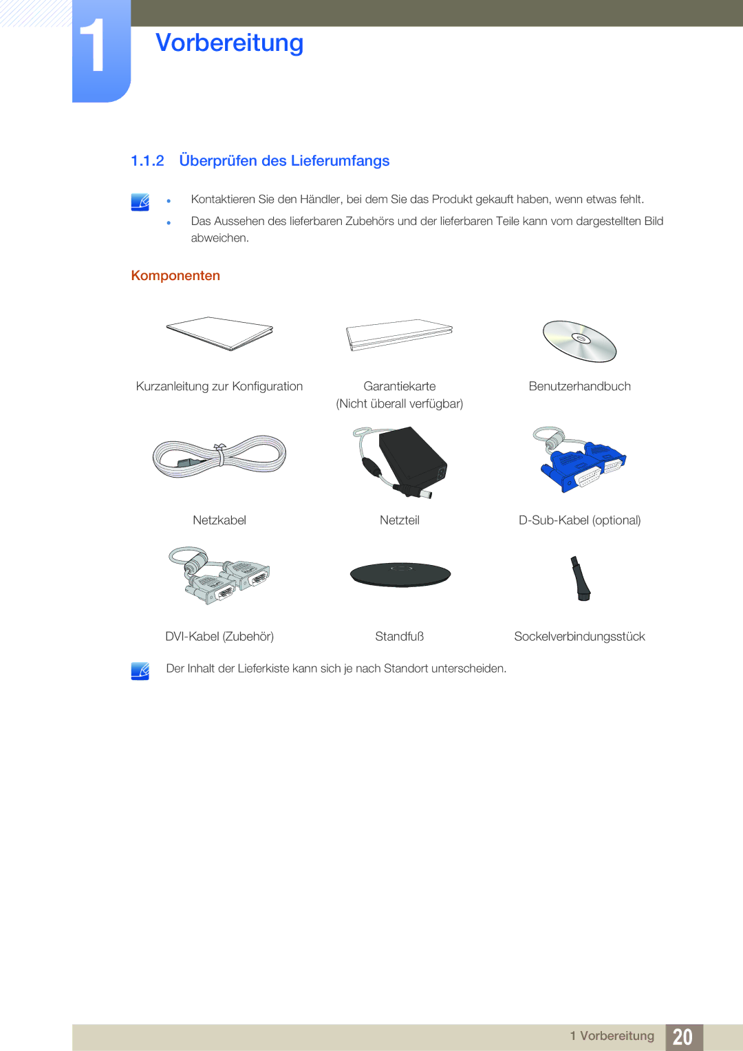 Samsung LS24B150BL/EN manual 2 Überprüfen des Lieferumfangs, Komponenten 