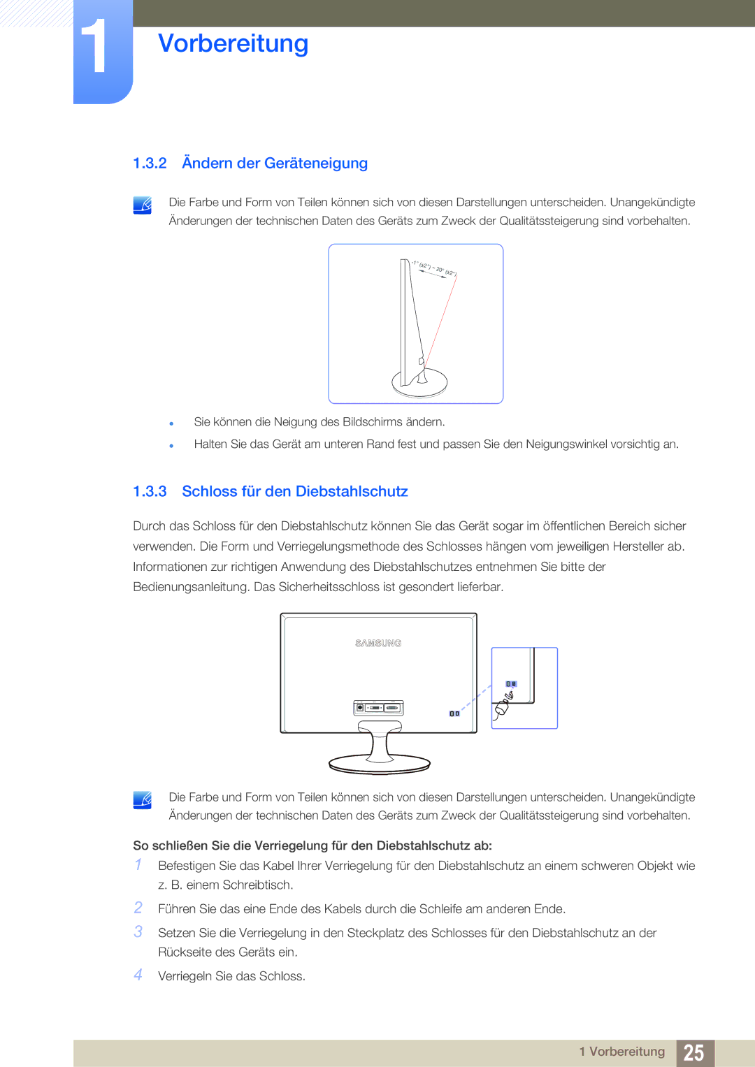 Samsung LS24B150BL/EN manual 2 Ändern der Geräteneigung, Schloss für den Diebstahlschutz 