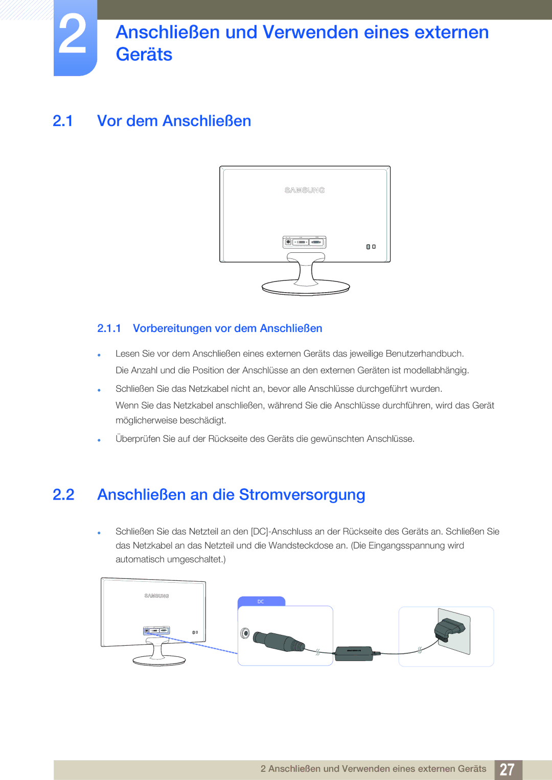 Samsung LS24B150BL/EN manual AnschließenGeräts und Verwenden eines externen, Vor dem Anschließen 