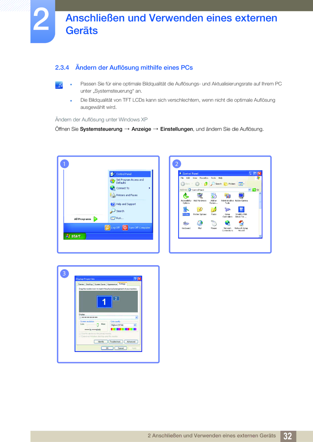 Samsung LS24B150BL/EN manual 4 Ändern der Auflösung mithilfe eines PCs 