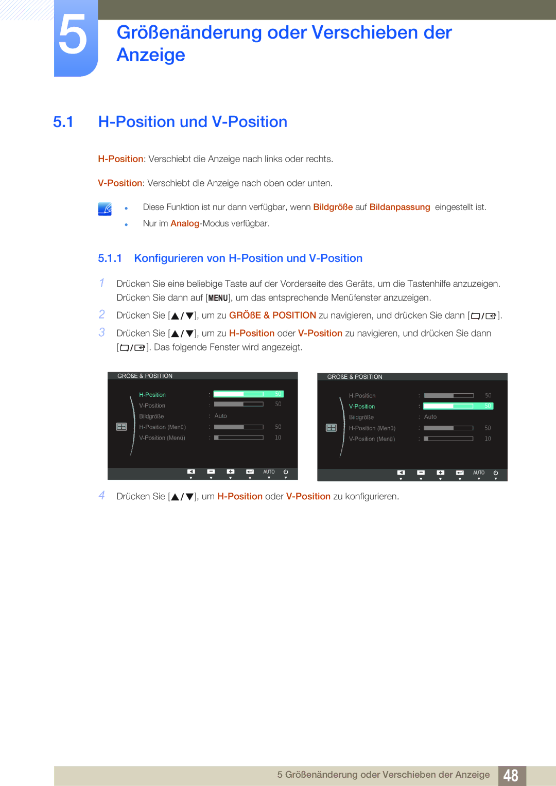 Samsung LS24B150BL/EN manual GrößenänderungAnzeige oder Verschieben der, Position und V-Position 