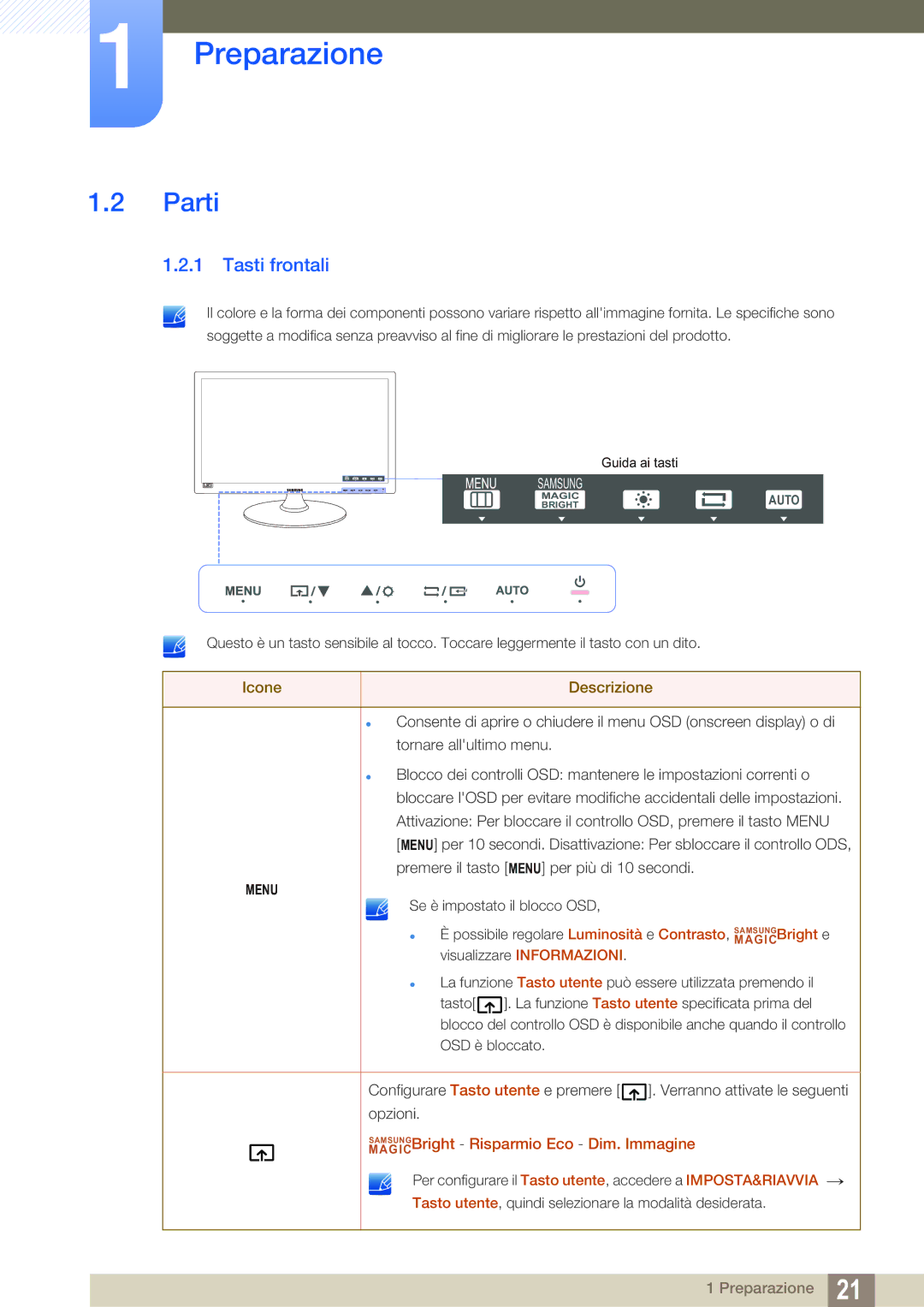 Samsung LS24B150BL/EN manual Parti, Tasti frontali 