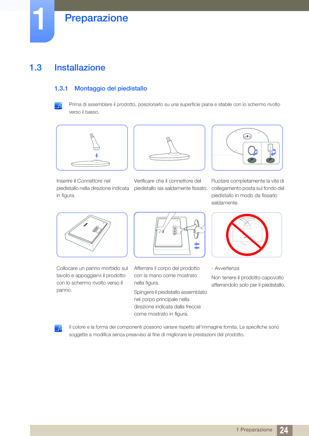 Samsung LS24B150BL/EN manual Installazione, Montaggio del piedistallo 