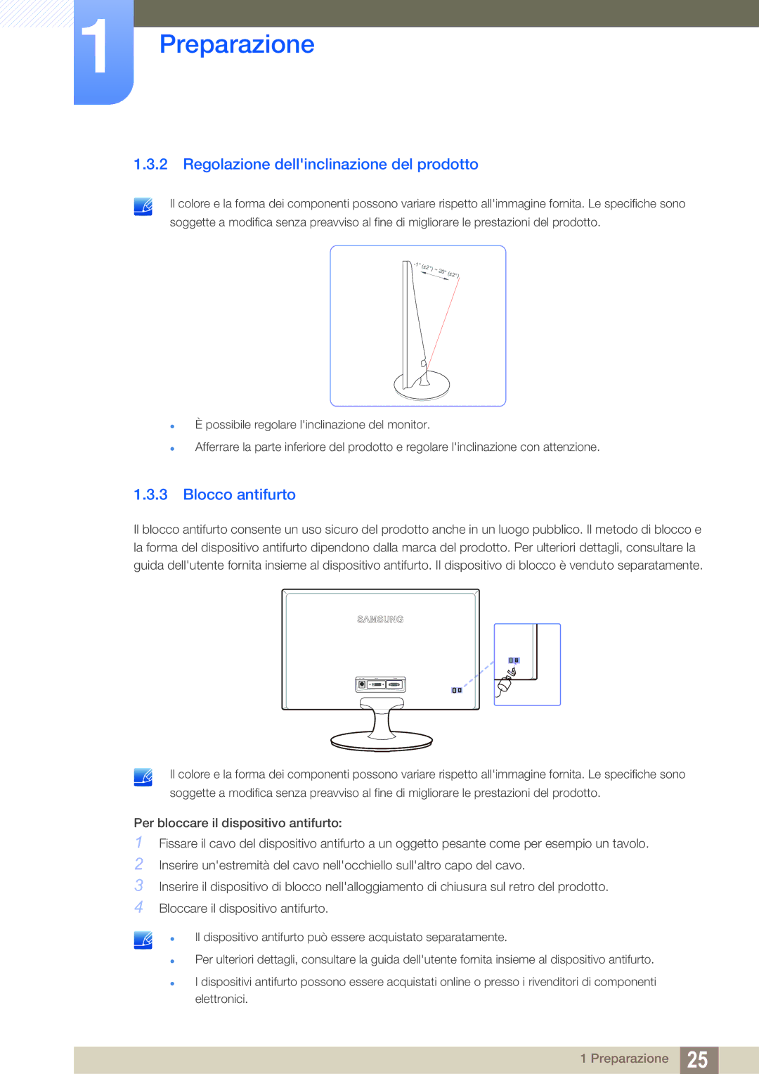 Samsung LS24B150BL/EN manual Regolazione dellinclinazione del prodotto, Blocco antifurto 