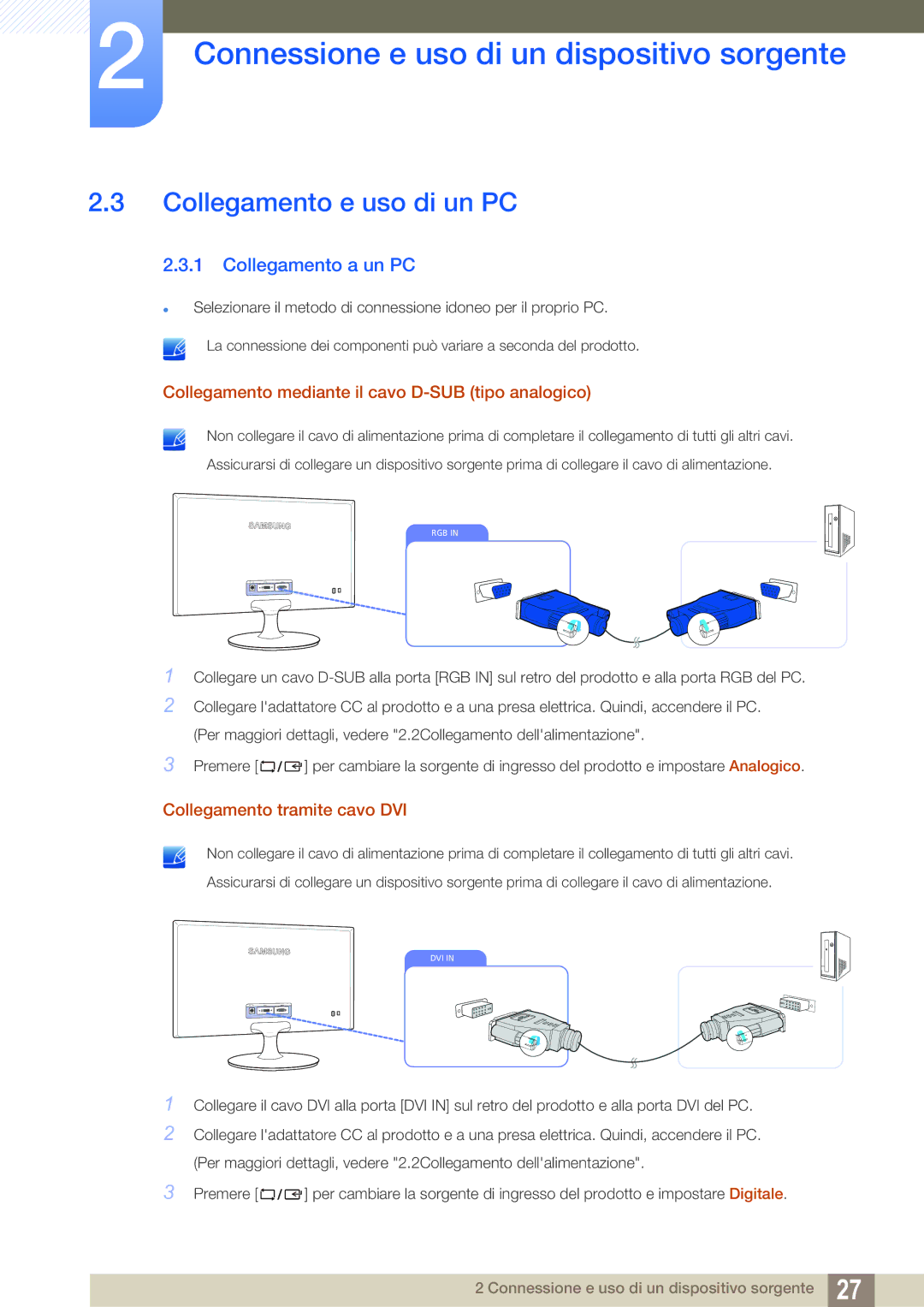 Samsung LS24B150BL/EN manual Collegamento e uso di un PC, Collegamento a un PC 