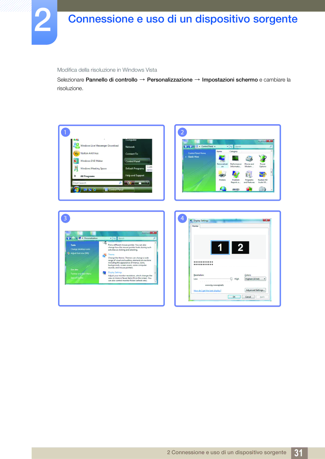 Samsung LS24B150BL/EN manual Modifica della risoluzione in Windows Vista 