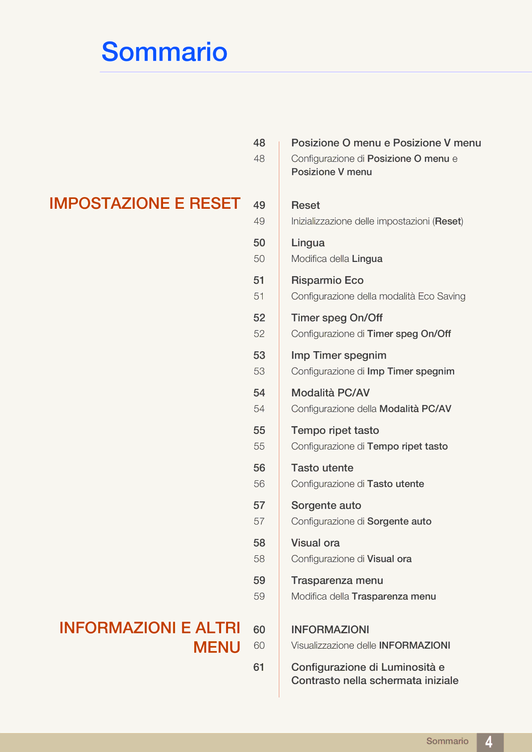 Samsung LS24B150BL/EN manual Impostazione E Reset Informazioni E Altri Menu 