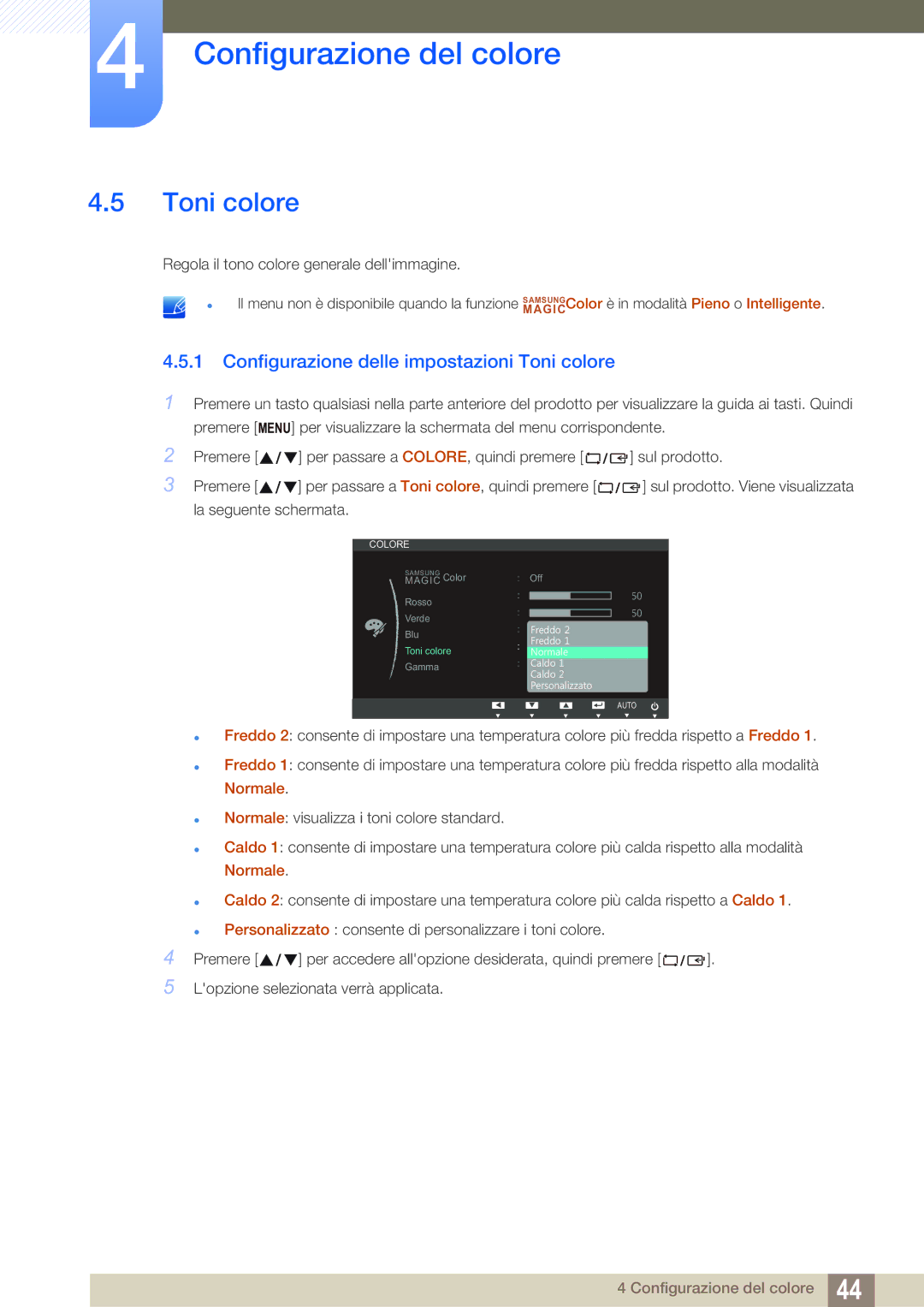 Samsung LS24B150BL/EN manual Configurazione delle impostazioni Toni colore 