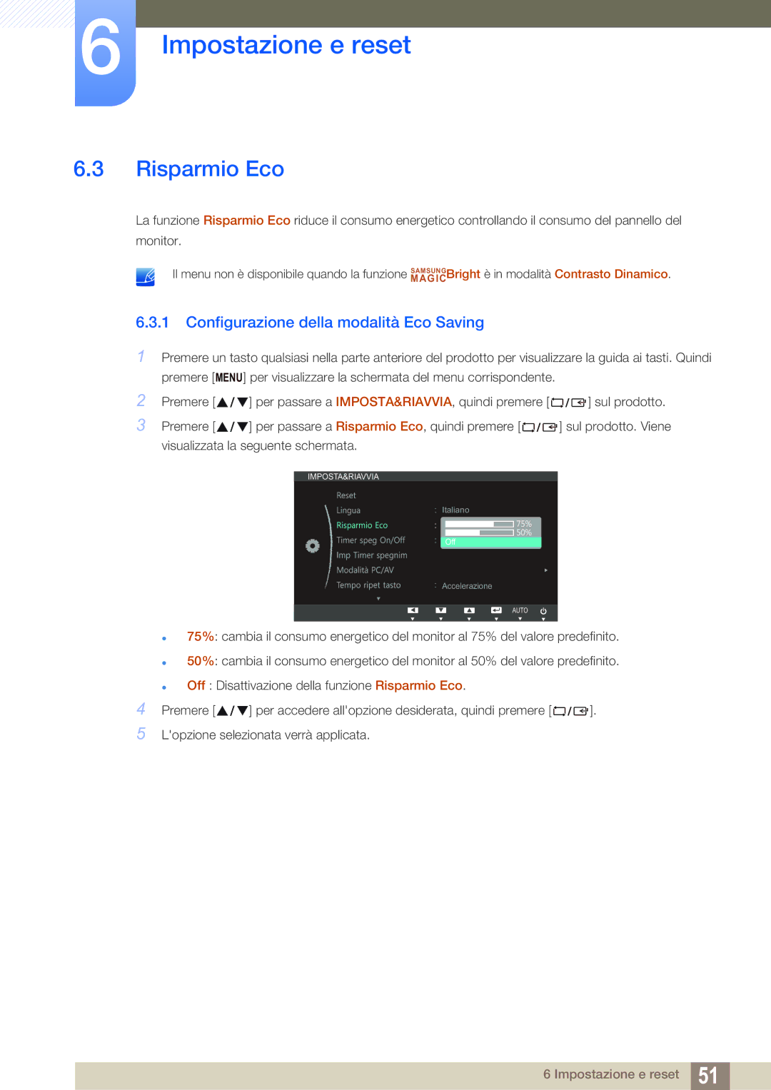 Samsung LS24B150BL/EN manual Risparmio Eco, Configurazione della modalità Eco Saving 