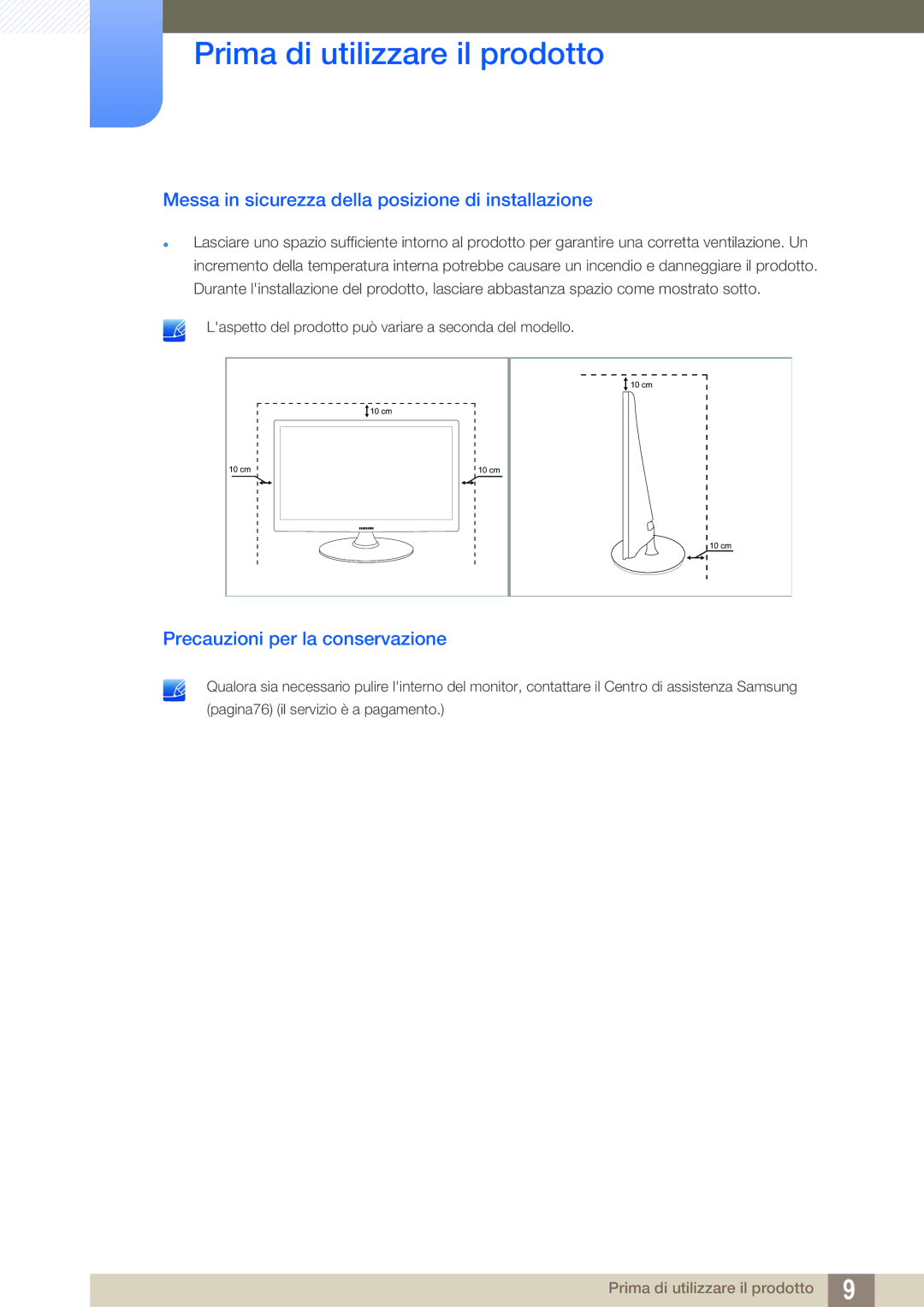 Samsung LS24B150BL/EN manual Messa in sicurezza della posizione di installazione, Precauzioni per la conservazione 