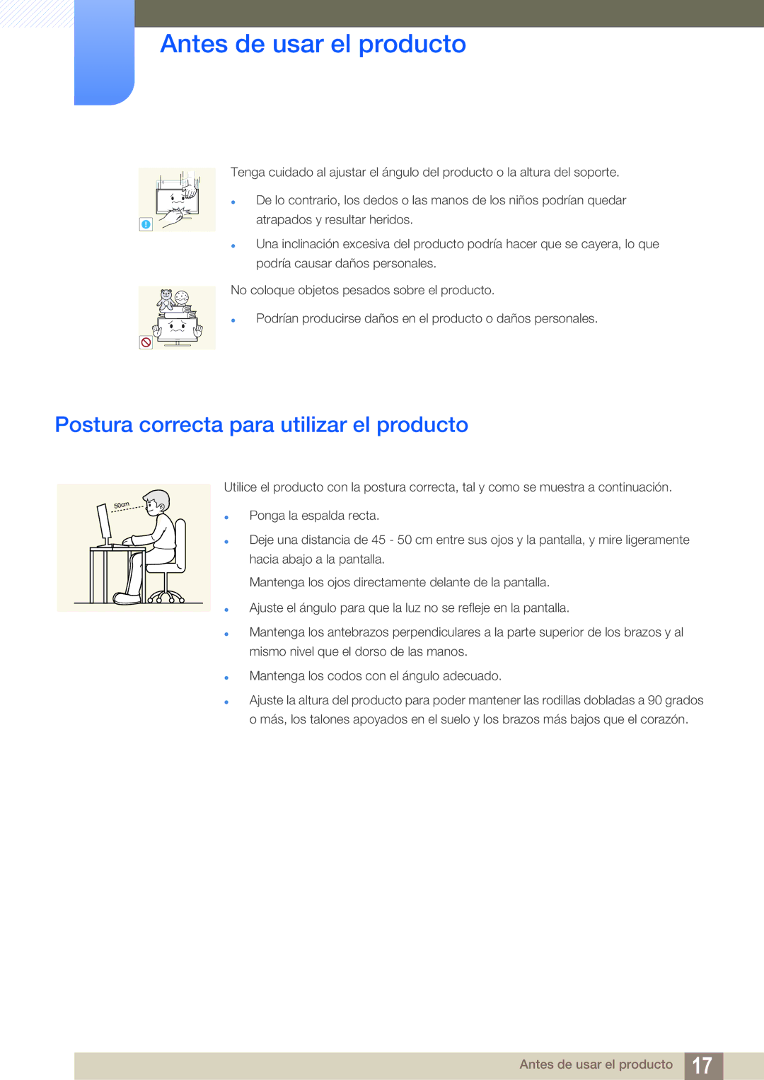 Samsung LS24B150BL/EN manual Postura correcta para utilizar el producto 