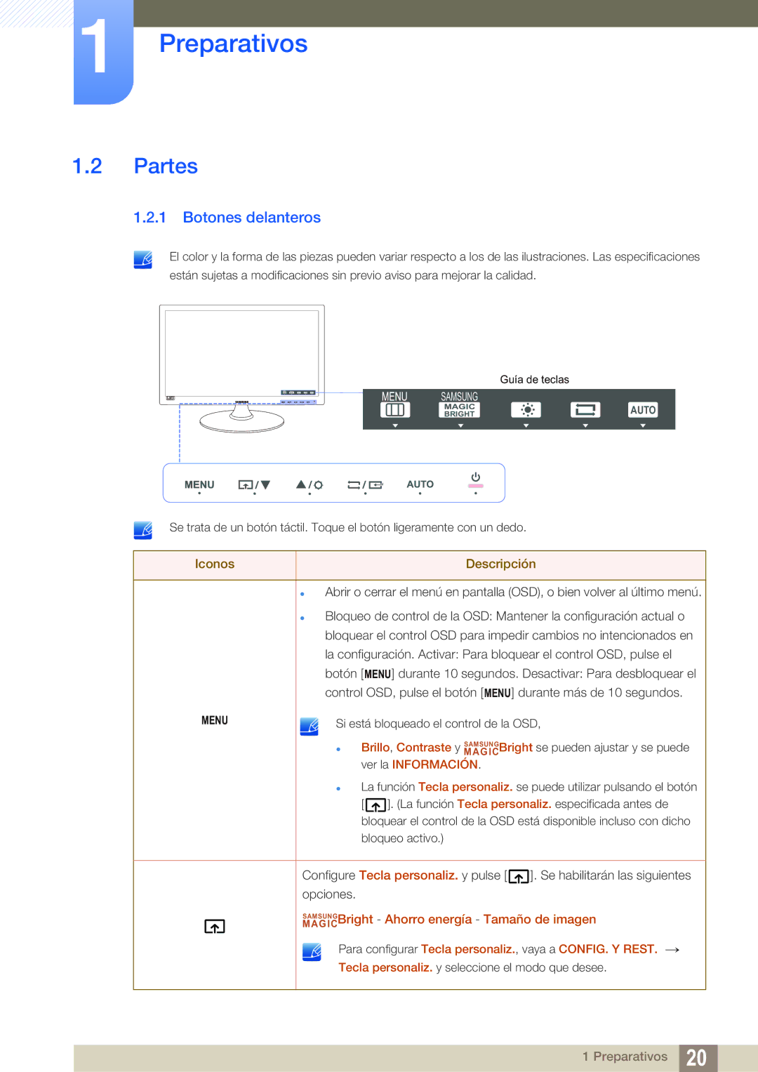 Samsung LS24B150BL/EN manual Partes, Botones delanteros 