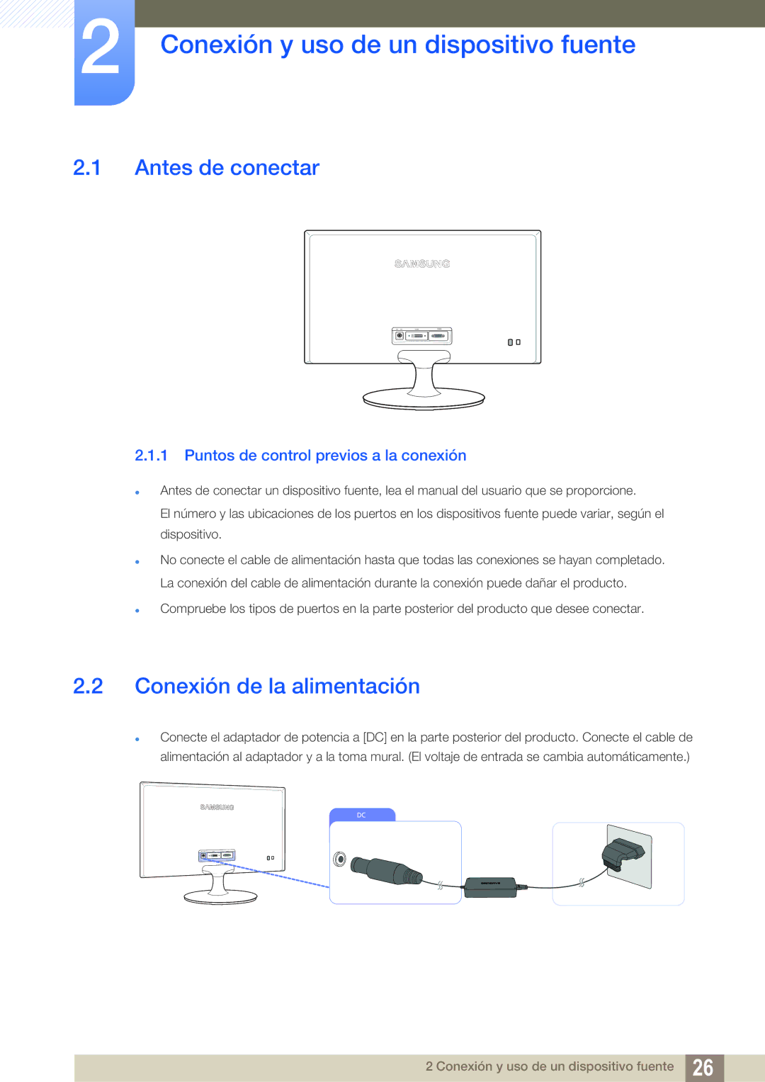 Samsung LS24B150BL/EN manual Conexión y uso de un dispositivo fuente, Antes de conectar, Conexión de la alimentación 