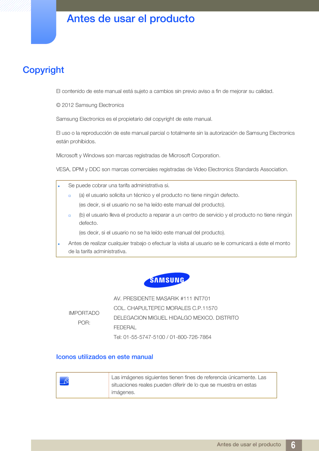 Samsung LS24B150BL/EN Antes de usar el producto, Copyright, Iconos utilizados en este manual 