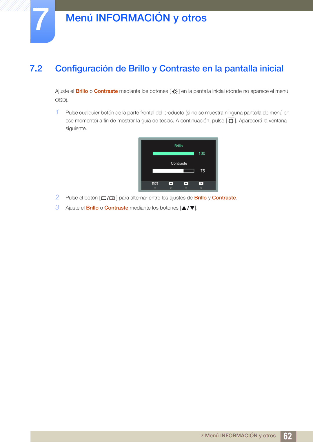 Samsung LS24B150BL/EN manual Configuración de Brillo y Contraste en la pantalla inicial 