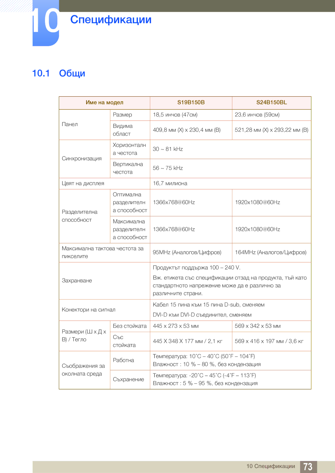 Samsung LS24B150BL/EN manual 10 Спецификации, 10.1 Общи 