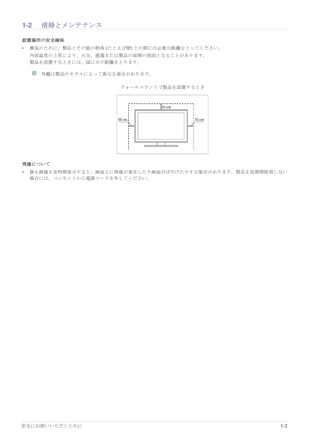 Samsung LS22B300HSH/XJ, LS24B300BSV/XJ, LS23B300HSH/XJ, LS20B300BSV/XJ, LS24B300HSH/XJ, LS22B300BSV/XJ 2清掃とメンテナンス, 設置場所の安全確保 