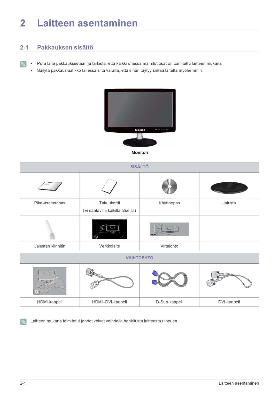 Samsung LS19B350NS/EN, LS24B350HS/EN, LS24B350HSY/EN, LS23B350HS/EN, LS27B350HS/EN Pakkauksen sisältö, Sisältö, Vaihtoehto 