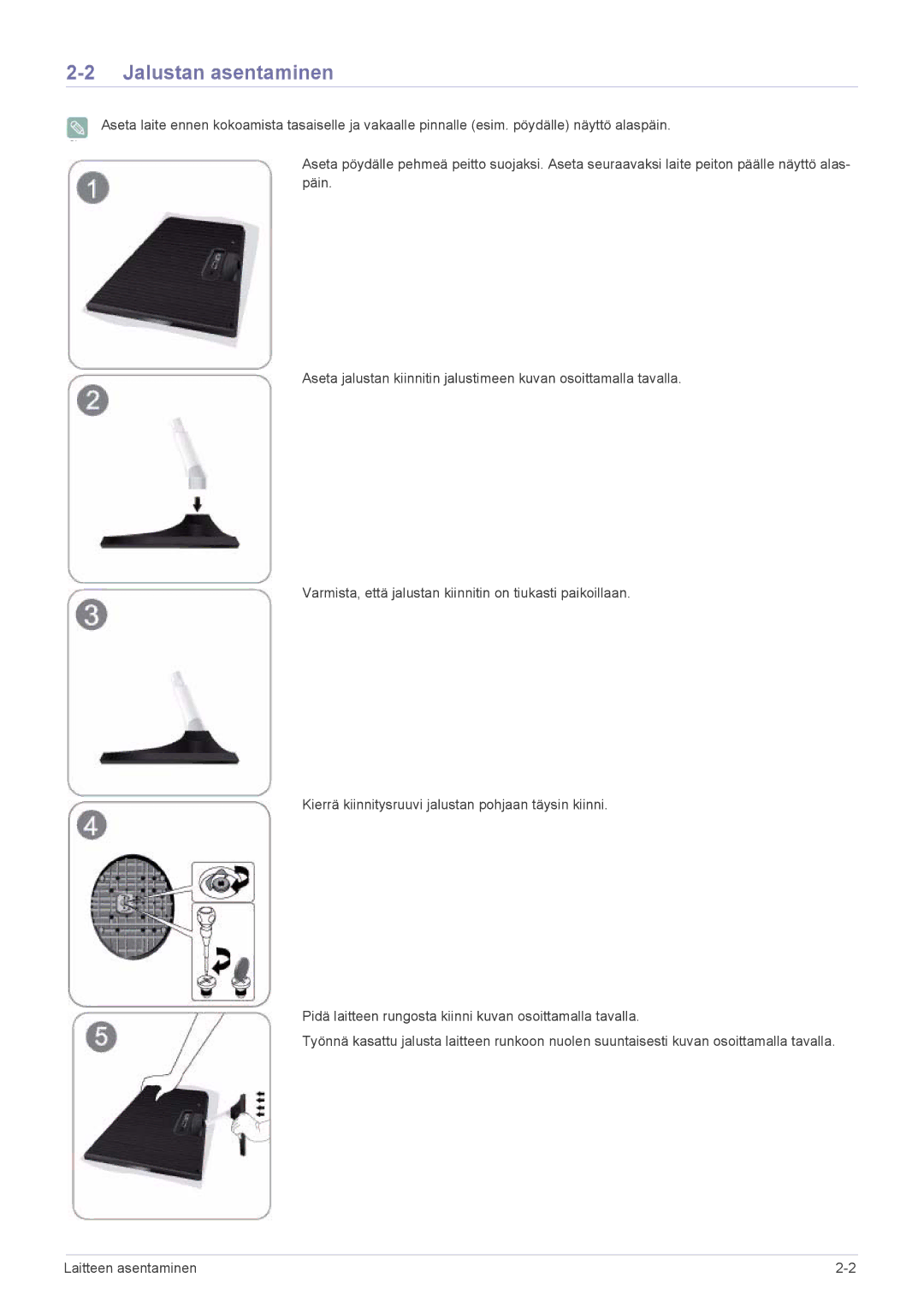 Samsung LS24B350HSY/EN, LS24B350HS/EN, LS19B350NS/EN, LS23B350HS/EN, LS27B350HS/EN, LS22B350HS/EN manual Jalustan asentaminen 