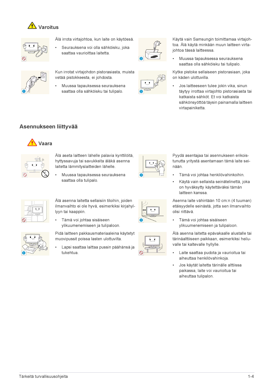 Samsung LS24B350HSY/EN, LS24B350HS/EN, LS19B350NS/EN, LS23B350HS/EN, LS27B350HS/EN manual Asennukseen liittyvää, Varoitus 