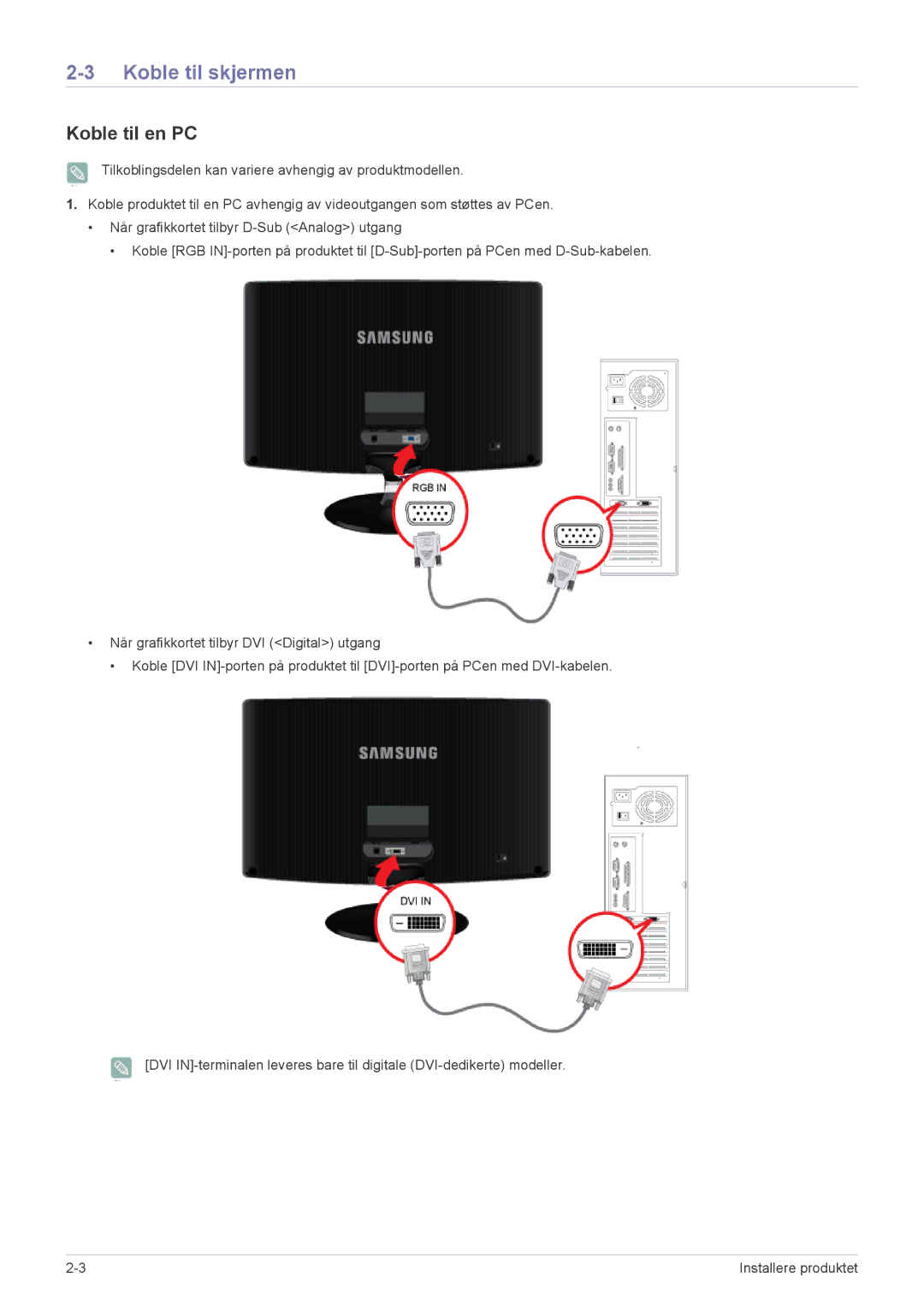 Samsung LS23B350HS/EN, LS24B350HS/EN, LS19B350NS/EN, LS24B350HSY/EN, LS27B350HS/EN manual Koble til skjermen, Koble til en PC 