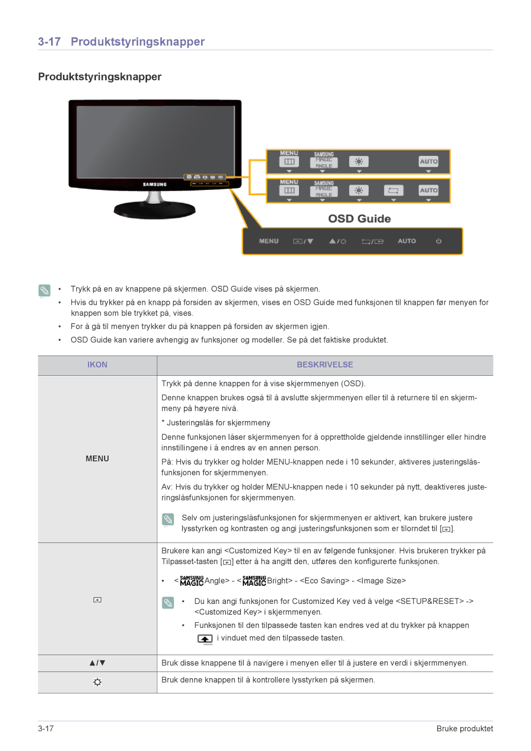 Samsung LS22B350HS/EN, LS24B350HS/EN, LS19B350NS/EN, LS24B350HSY/EN, LS23B350HS/EN Produktstyringsknapper, Ikon Beskrivelse 