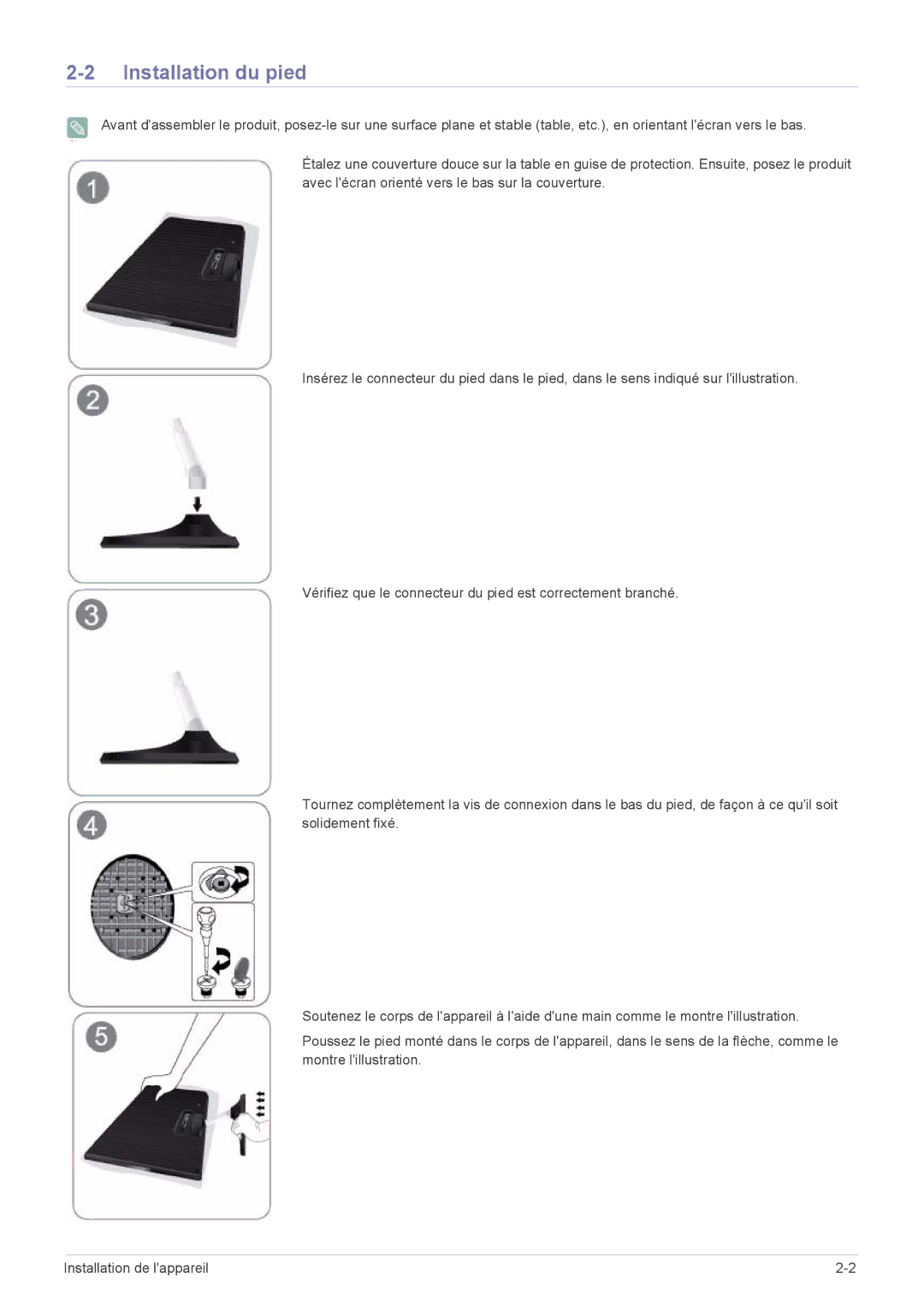 Samsung LS27B350HS/EN, LS24B350HS/EN, LS19B350NS/EN, LS24B350HSY/EN, LS24B350BS/EN, LS23B350HS/EN manual Installation du pied 