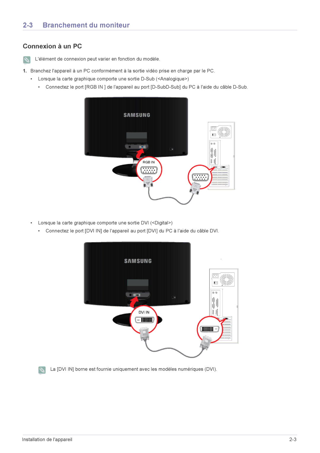 Samsung LS24B350HS/EN, LS19B350NS/EN, LS24B350HSY/EN, LS24B350BS/EN, LS23B350HS/EN Branchement du moniteur, Connexion à un PC 