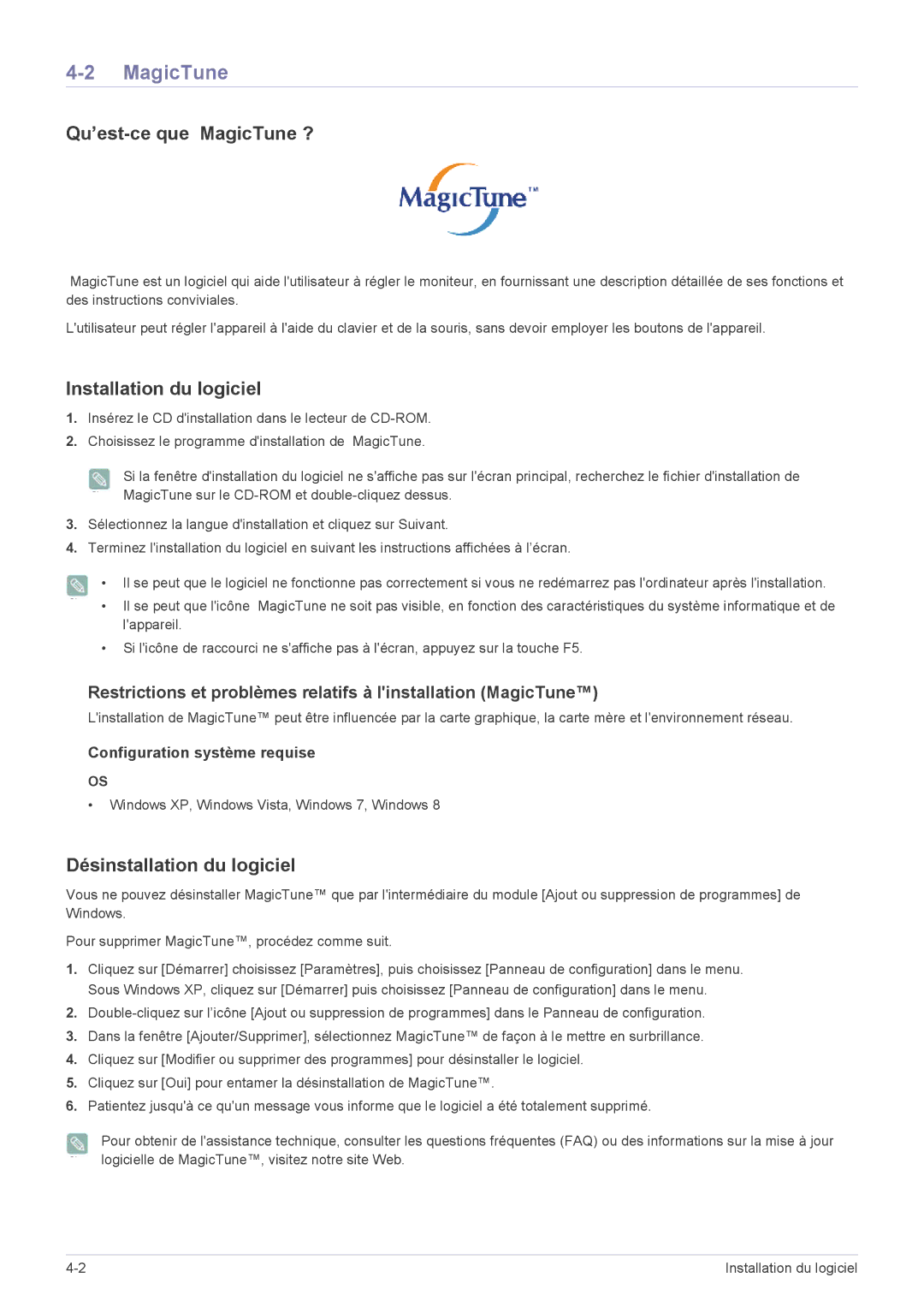 Samsung LS19B350NS/EN, LS24B350HS/EN Qu’est-ce que MagicTune ?, Installation du logiciel, Désinstallation du logiciel 