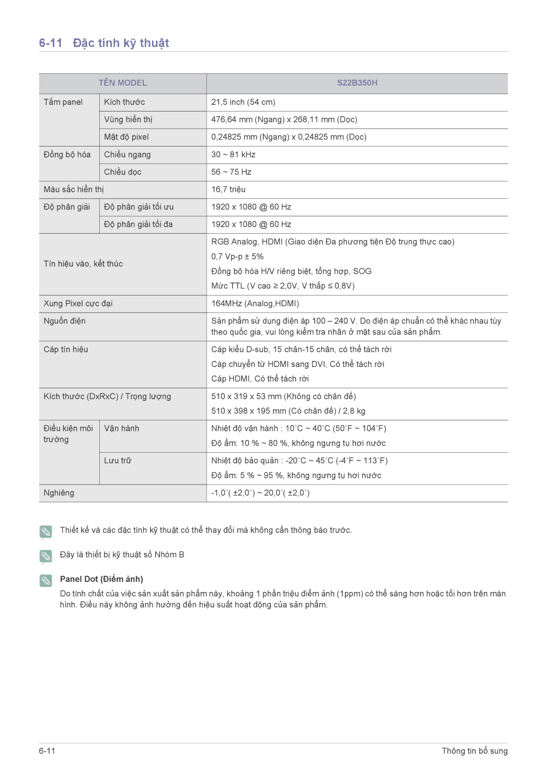 Samsung LS24B350HS/EN, LS22B350BS/EN, LS27B350HS/EN, LS19B350BS/ZN, LS19B350BSMXV manual 11 Đặc tính kỹ thuật, S22B350H 