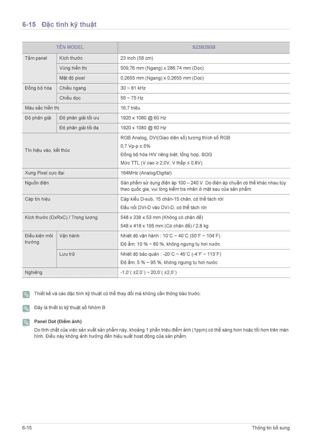 Samsung LS19B350BSMXV, LS24B350HS/EN, LS22B350BS/EN, LS27B350HS/EN, LS19B350BS/ZN manual 15 Đặc tính kỹ thuật, S23B350B 