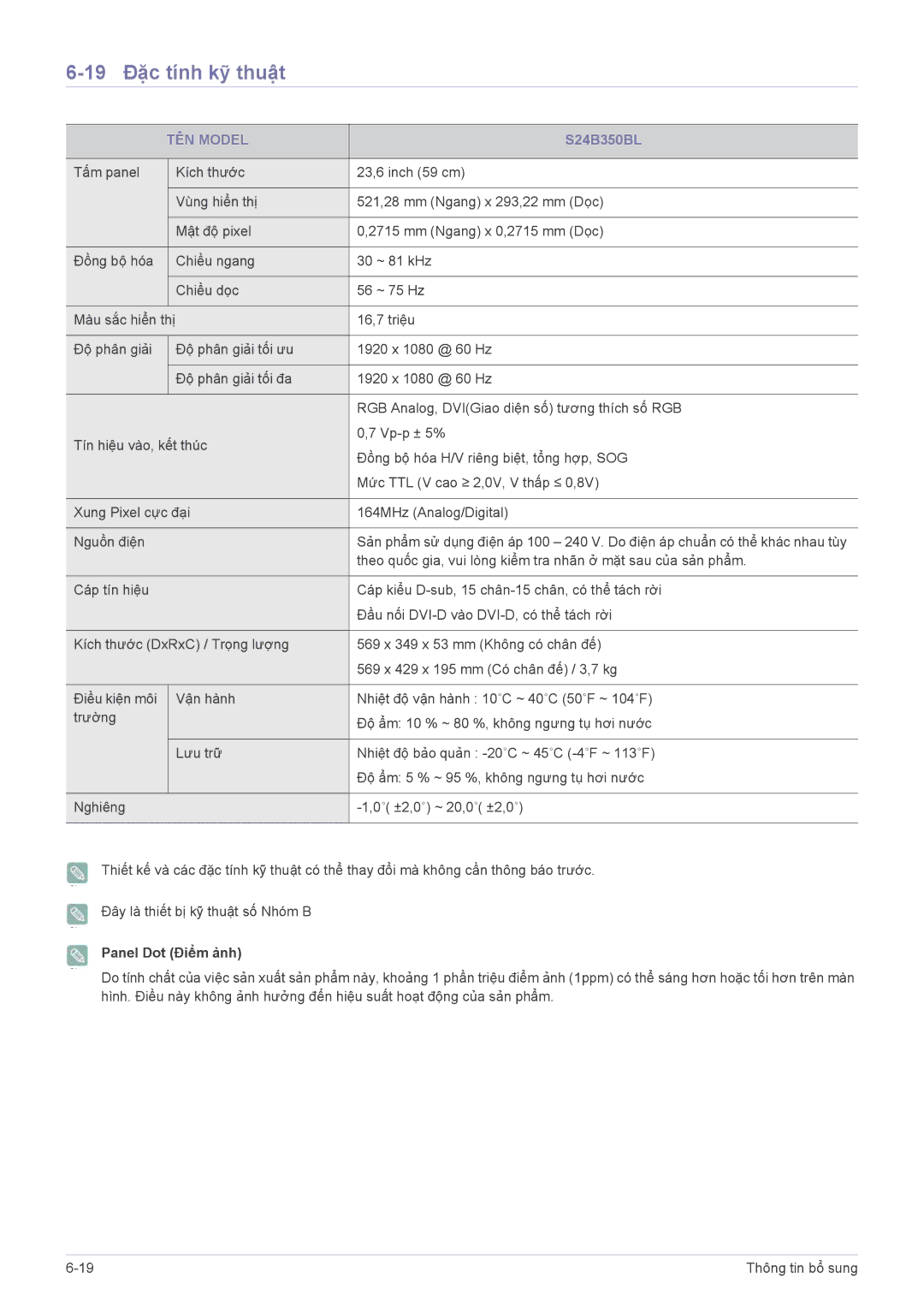 Samsung LS19B350BS/ZN, LS24B350HS/EN, LS22B350BS/EN, LS27B350HS/EN, LS19B350BSMXV manual 19 Đặc tính kỹ thuật, S24B350BL 