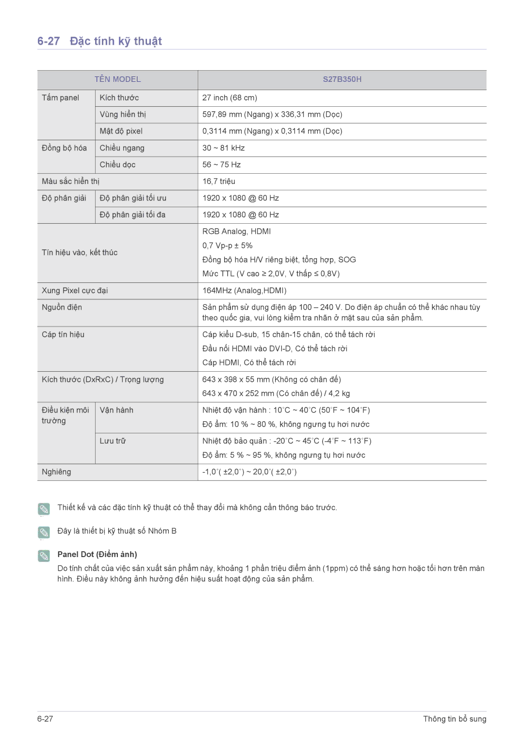 Samsung LS22B350BS/EN, LS24B350HS/EN, LS27B350HS/EN, LS19B350BS/ZN, LS19B350BSMXV manual 27 Đặc tính kỹ thuật 