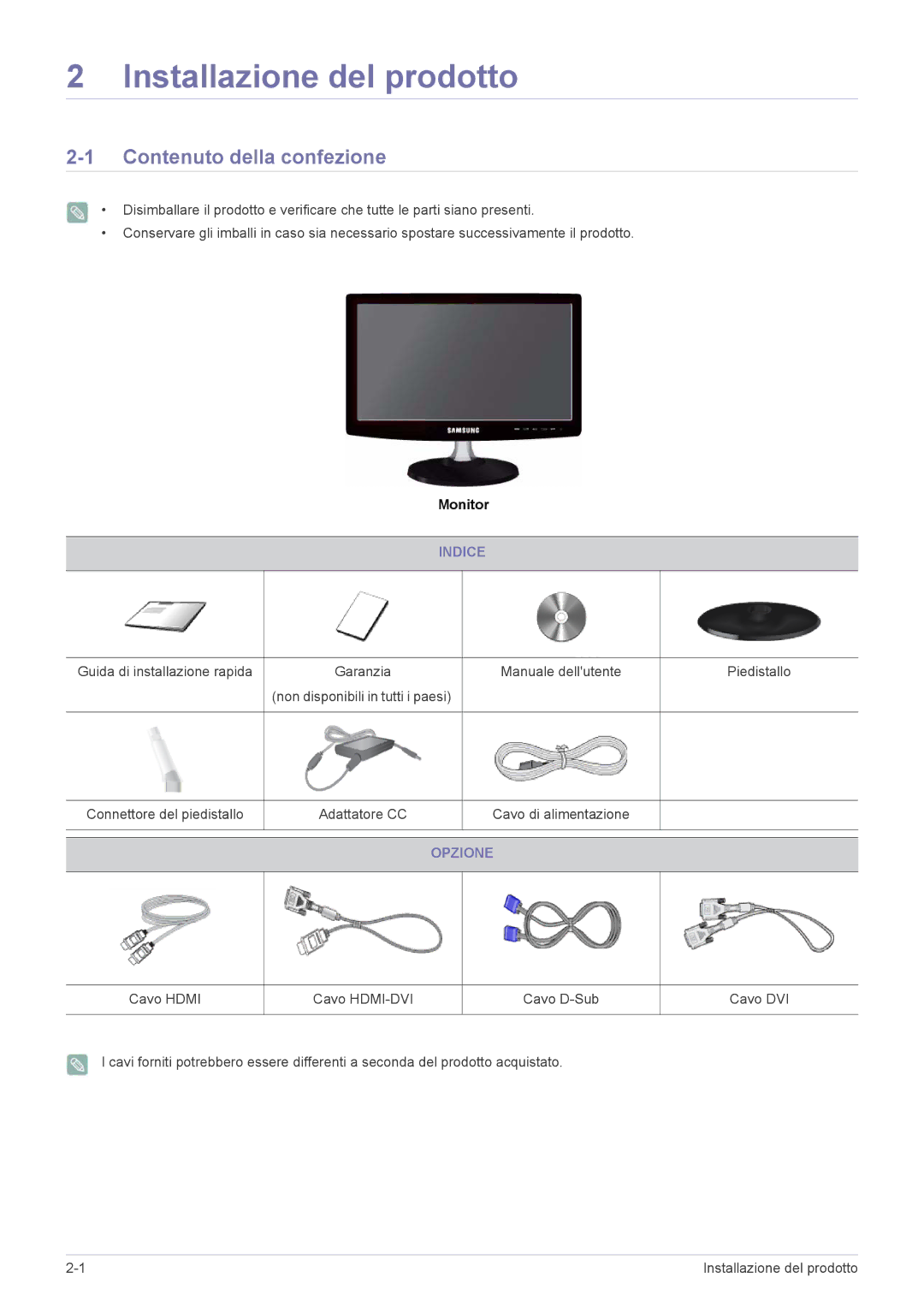 Samsung LS22B350HS/EN, LS24B350HS/EN, LS24B350HSY/EN, LS27B350HS/EN manual Contenuto della confezione, Indice, Opzione 