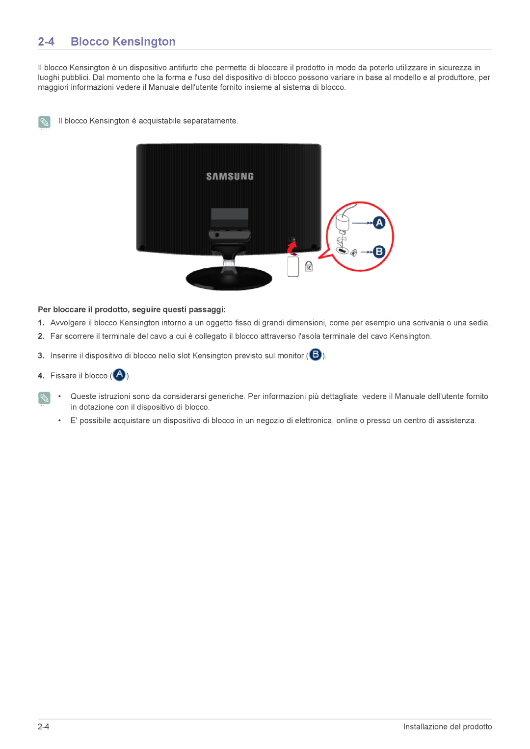 Samsung LS22B350HSQ/EN, LS24B350HS/EN, LS24B350HSY/EN Blocco Kensington, Per bloccare il prodotto, seguire questi passaggi 