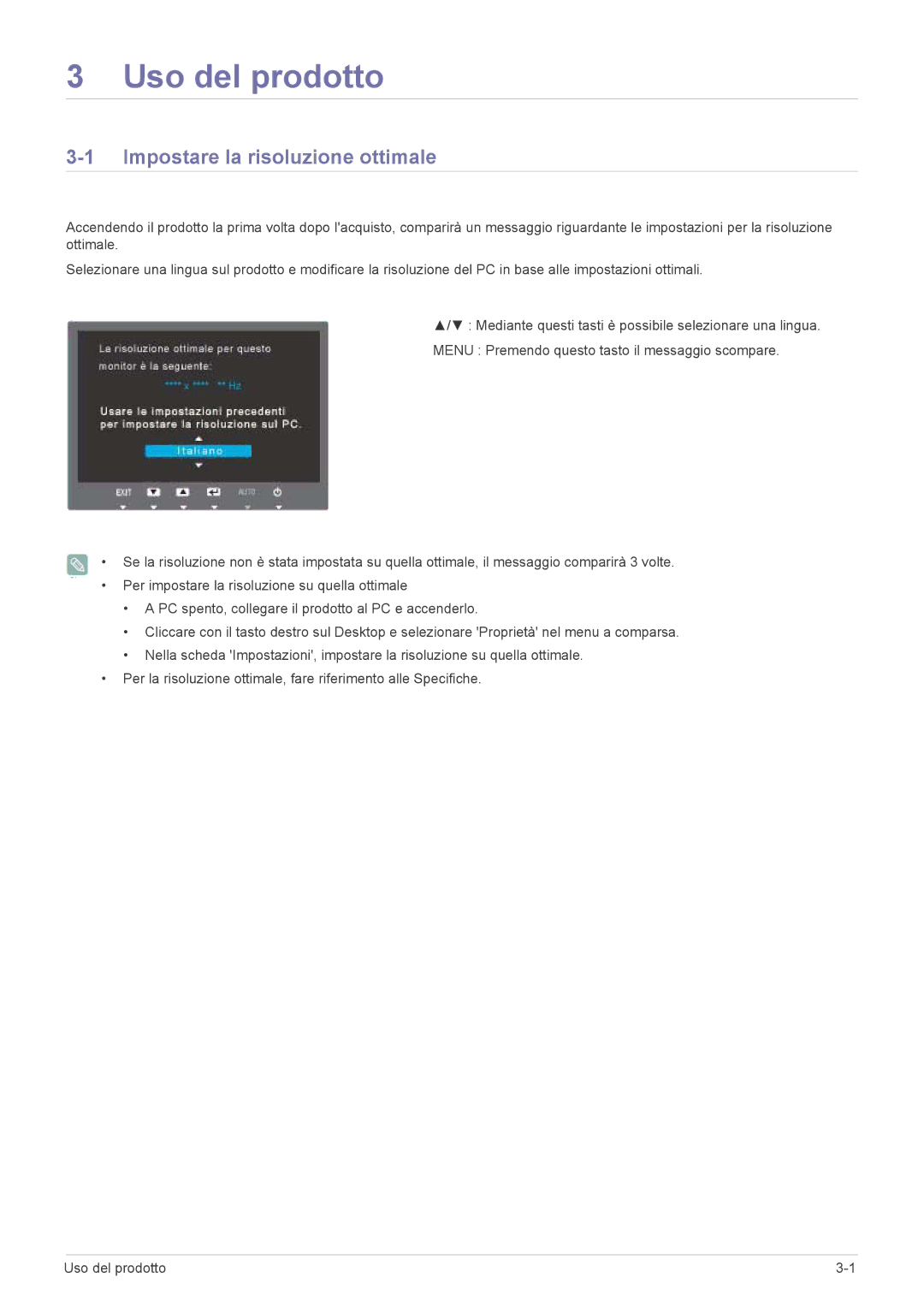 Samsung LS24B350HS/EN, LS24B350HSY/EN, LS27B350HS/EN, LS22B350HS/EN manual Uso del prodotto, Impostare la risoluzione ottimale 