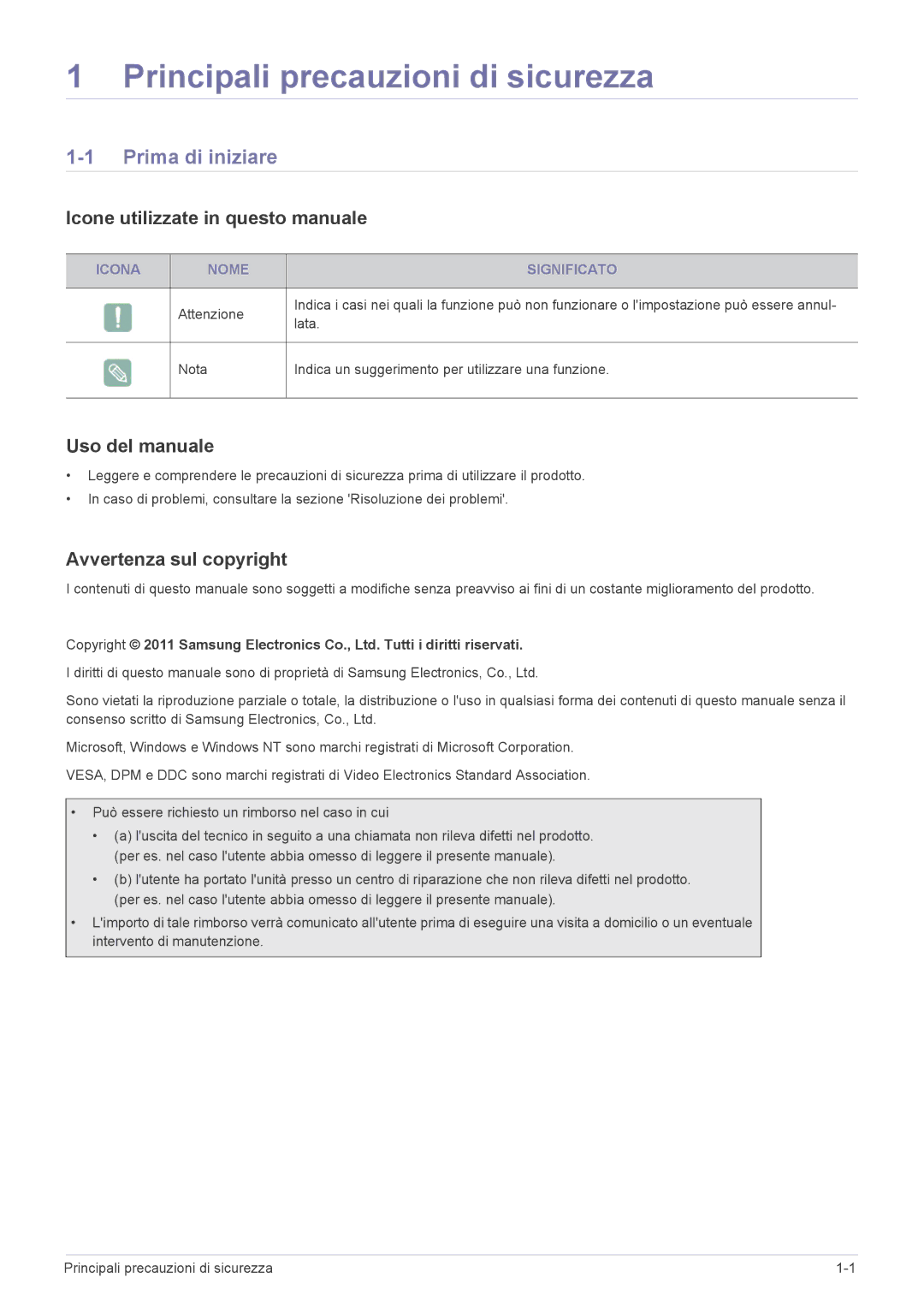 Samsung LS22B350HSQ/EN Prima di iniziare, Icone utilizzate in questo manuale, Uso del manuale, Avvertenza sul copyright 