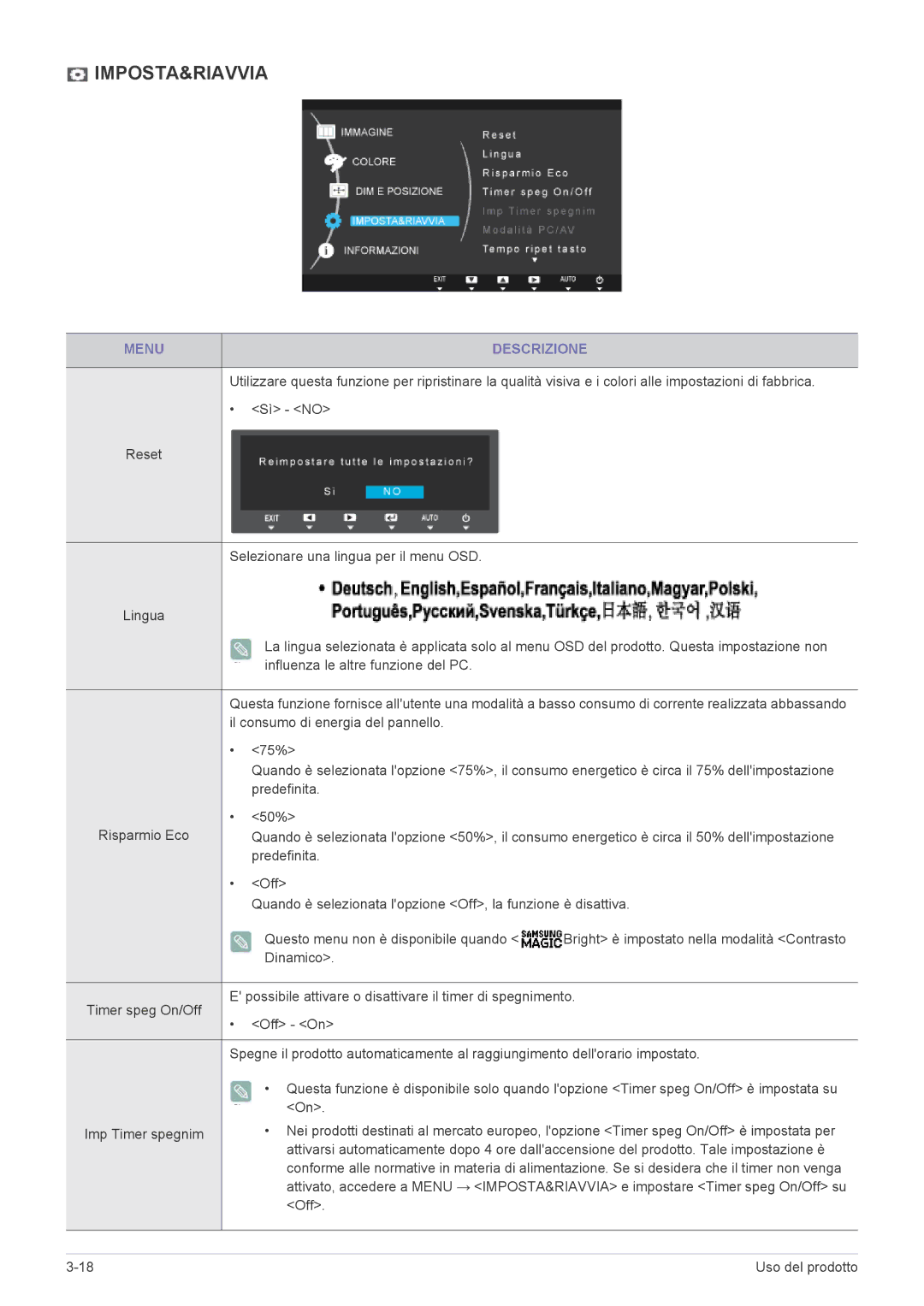 Samsung LS24B350HS/EN, LS24B350HSY/EN, LS27B350HS/EN, LS22B350HS/EN, LS22B350HSQ/EN manual Imposta&Riavvia 