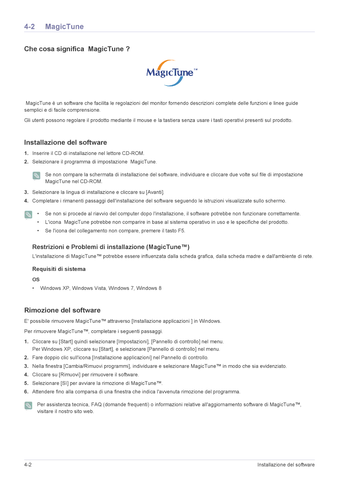 Samsung LS22B350HSQ/EN manual Che cosa significa MagicTune ?, Installazione del software, Rimozione del software 