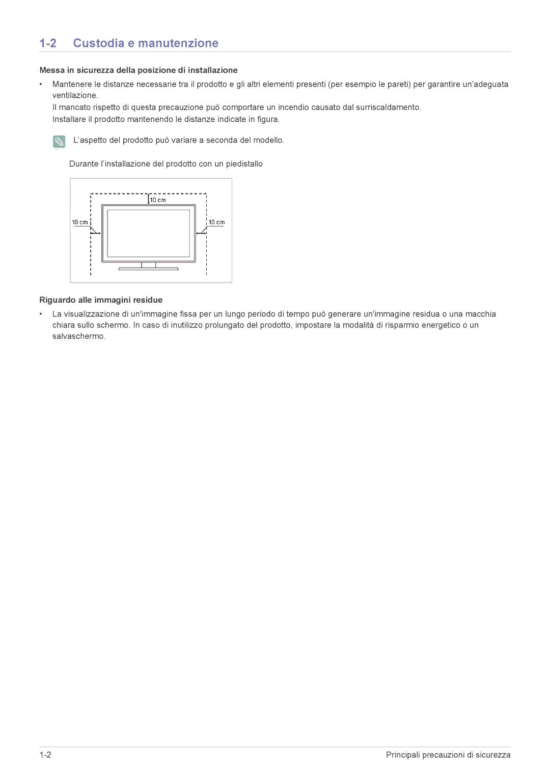 Samsung LS24B350HS/EN, LS24B350HSY/EN manual Custodia e manutenzione, Messa in sicurezza della posizione di installazione 