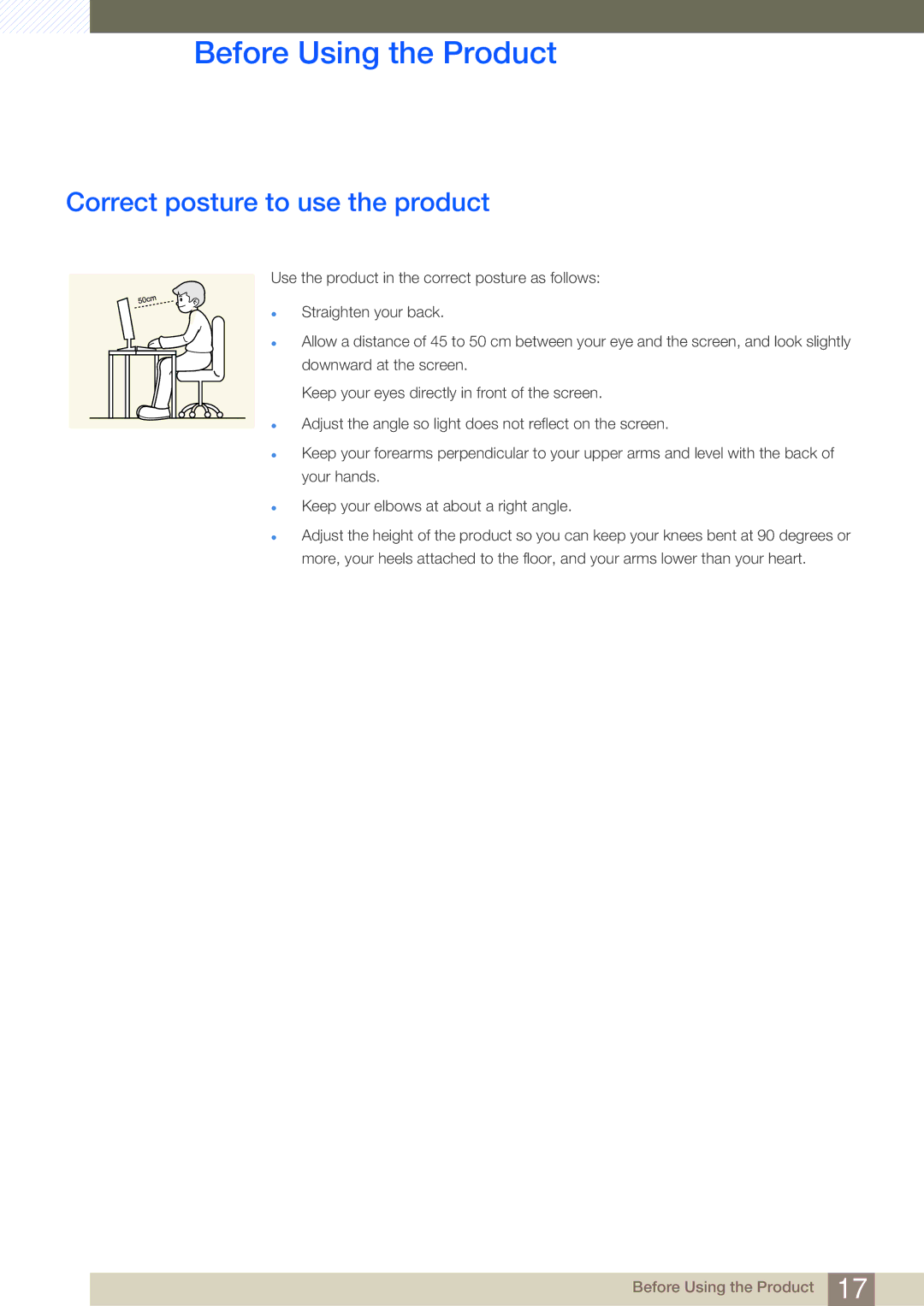 Samsung LS24B350TL/CI, LS24B350TL/EN, LS23B350TS/EN, LS22B350TS/EN, LS22B350TS/CI manual Correct posture to use the product 