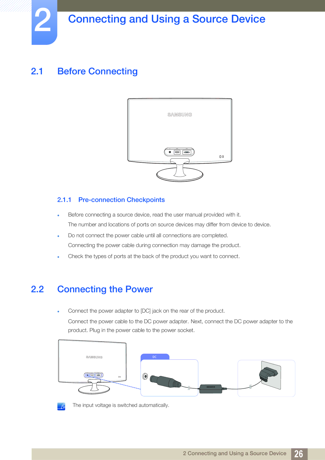 Samsung LS22B350TS/EN, LS24B350TL/EN manual Connecting and Using a Source Device, Before Connecting, Connecting the Power 