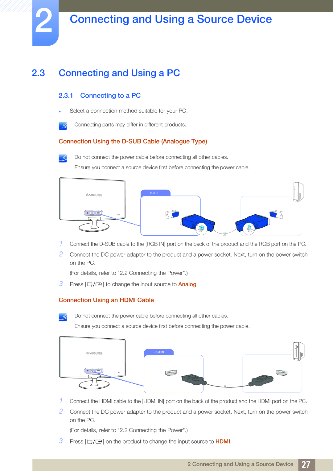 Samsung LS22B350TS/CI, LS24B350TL/EN, LS23B350TS/EN, LS22B350TS/EN manual Connecting and Using a PC, Connecting to a PC 