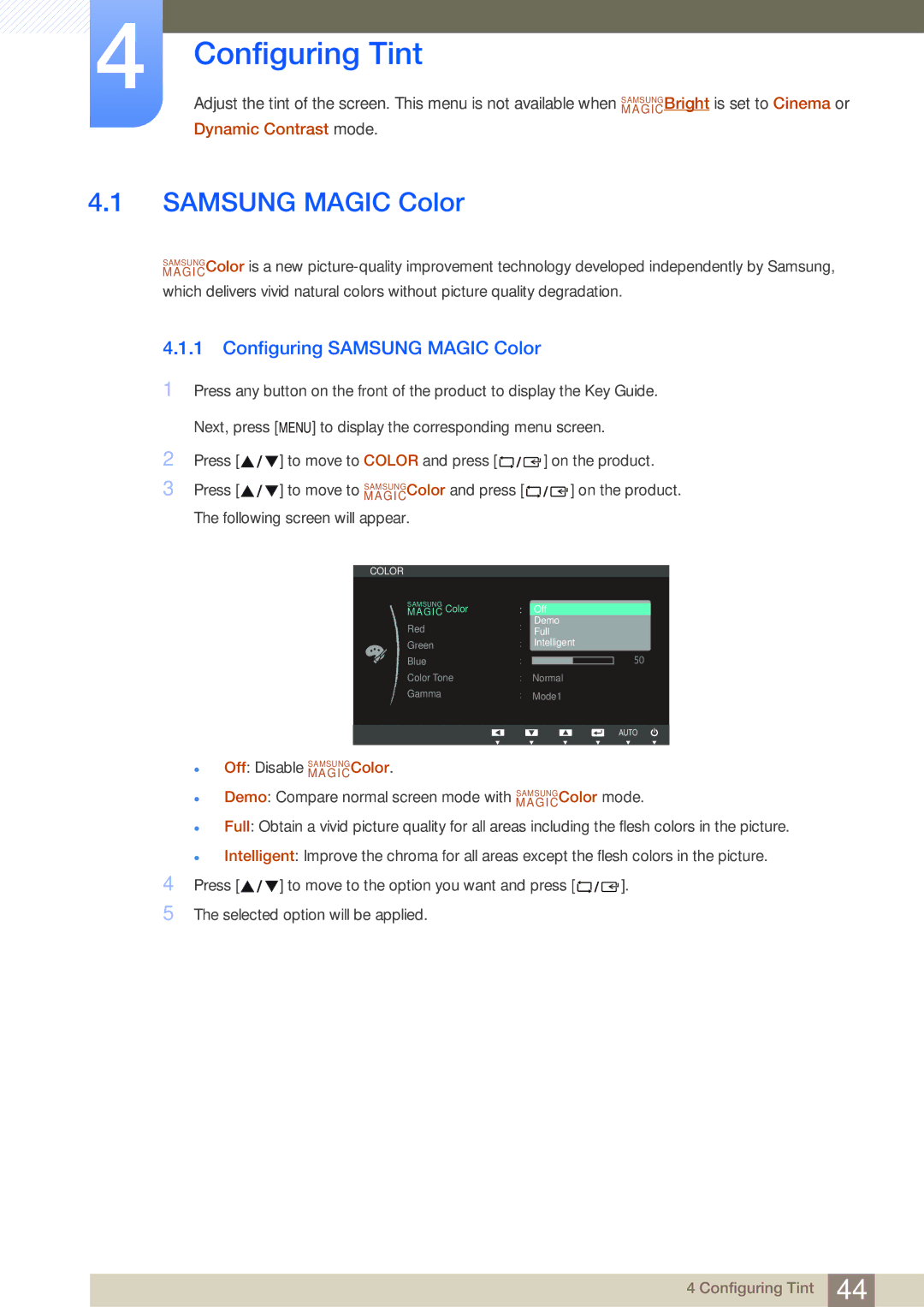 Samsung LS22B350TS/EN, LS24B350TL/EN, LS23B350TS/EN, LS22B350TS/CI Configuring Tint, Configuring Samsung Magic Color 