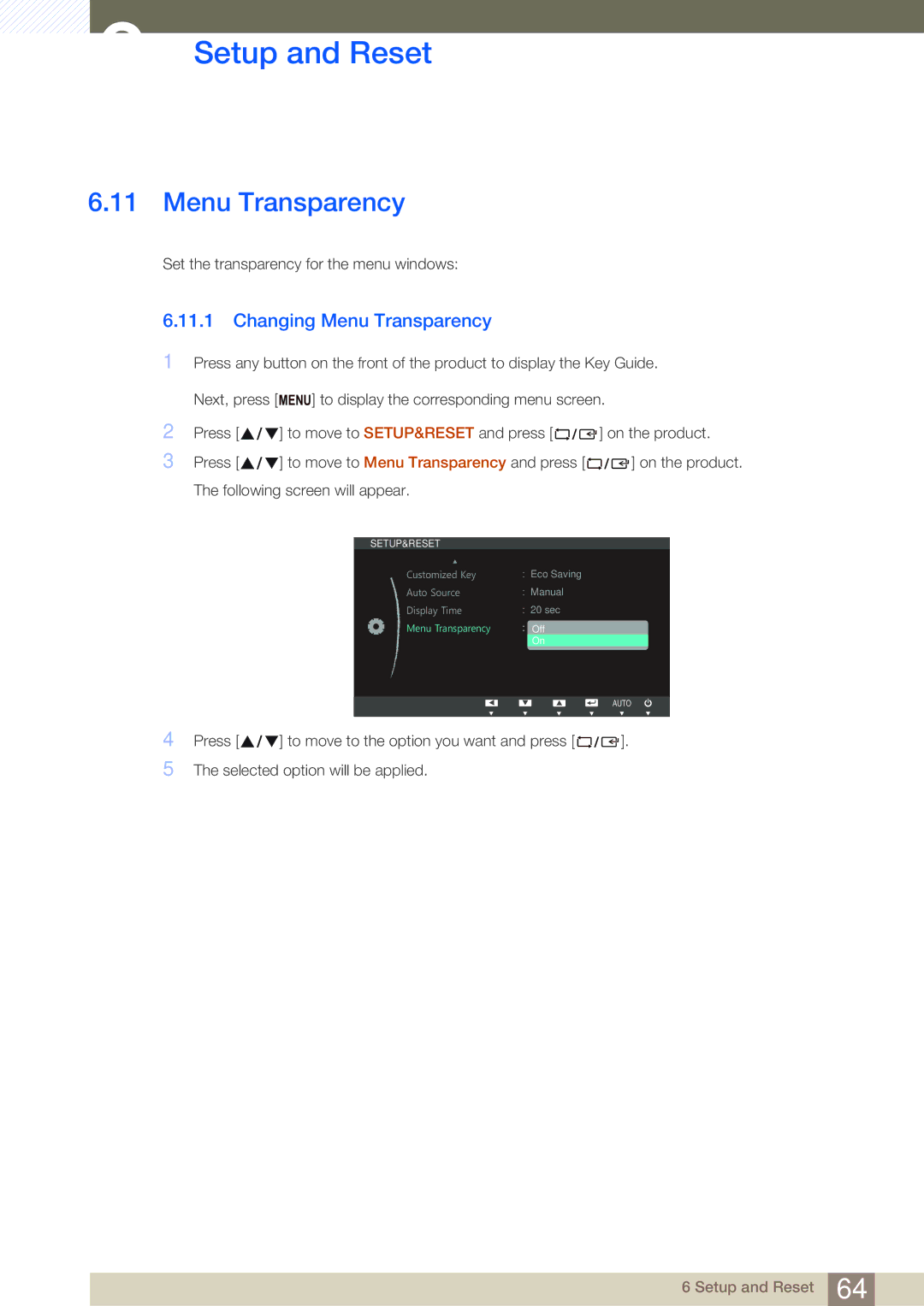 Samsung LS23B350TS/CI, LS24B350TL/EN, LS23B350TS/EN, LS22B350TS/EN, LS22B350TS/CI manual Changing Menu Transparency 